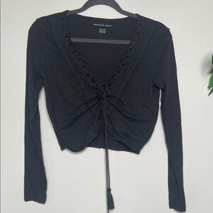 American Eagle Outfitters Charcoal Lace-Up Blouse